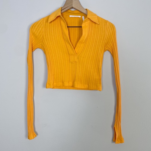 Helmet Lang Textured Stripe Crop Apricot Cotton Polo Shirt - Picture 6 of 13